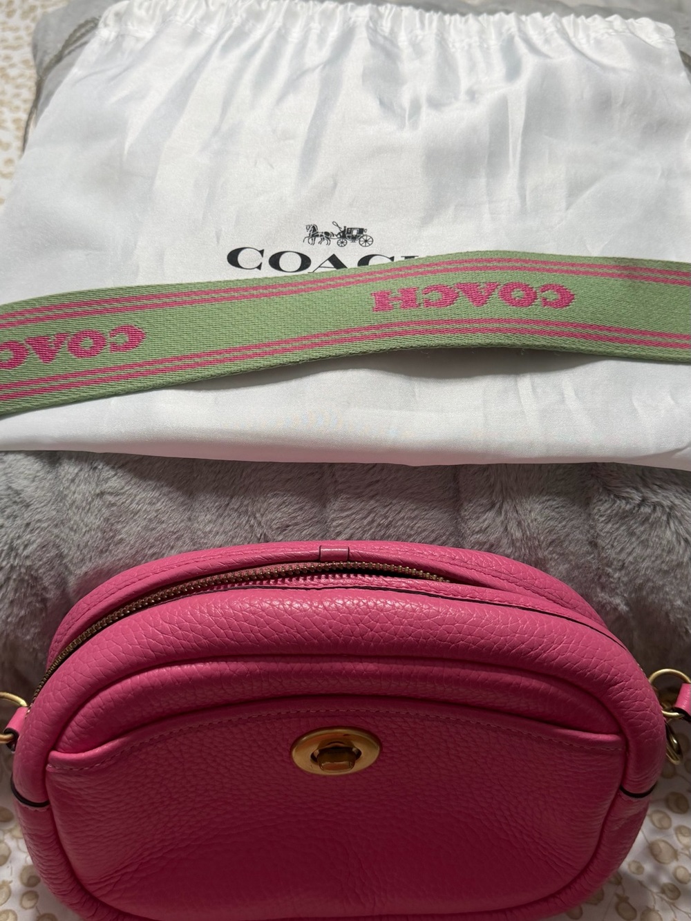 COACH Pink Pebbled Leather Crossbody with Green & Pink Logo Strap